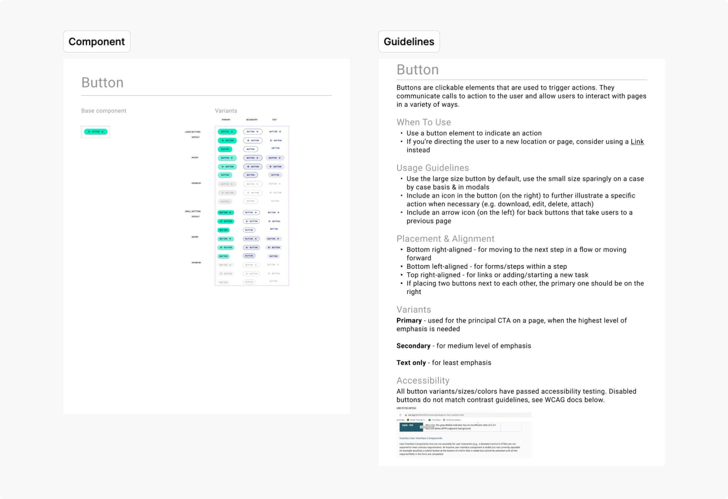 Screenshot of the Button page in the design system in Figma showing the built component + variants and the written usage guidelines.