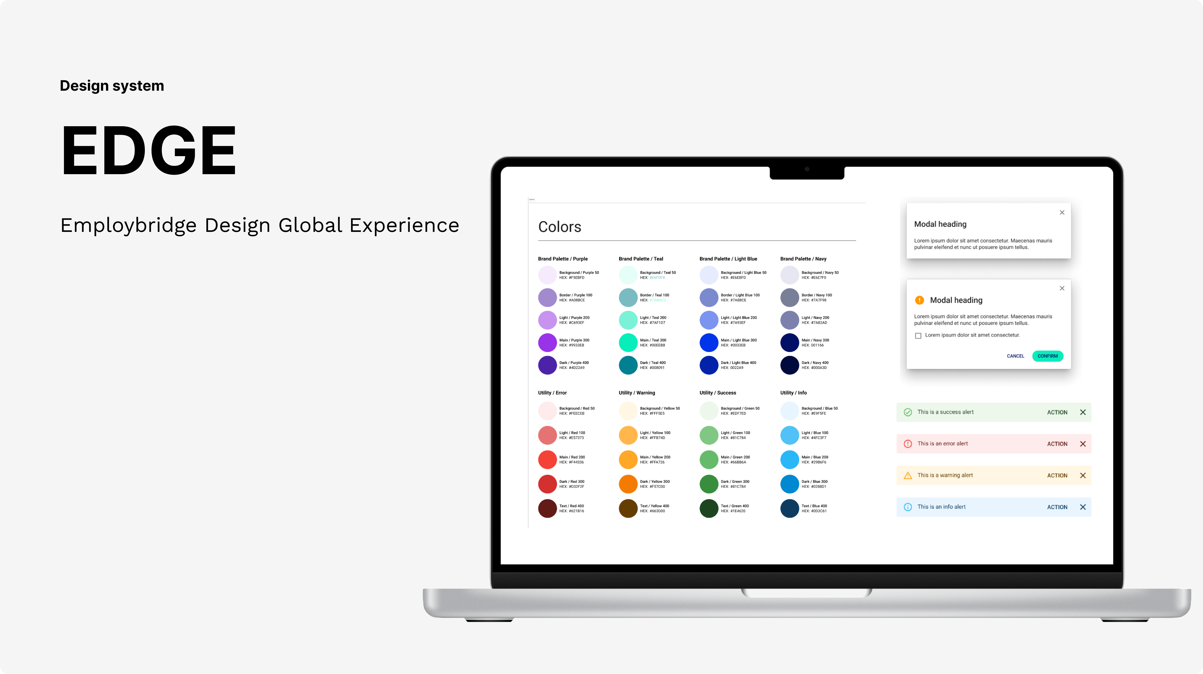 Title saying: Design system EDGE (Employbridge design global experience) with a mockup of design system components (colors, modals, toasts) on a laptop.