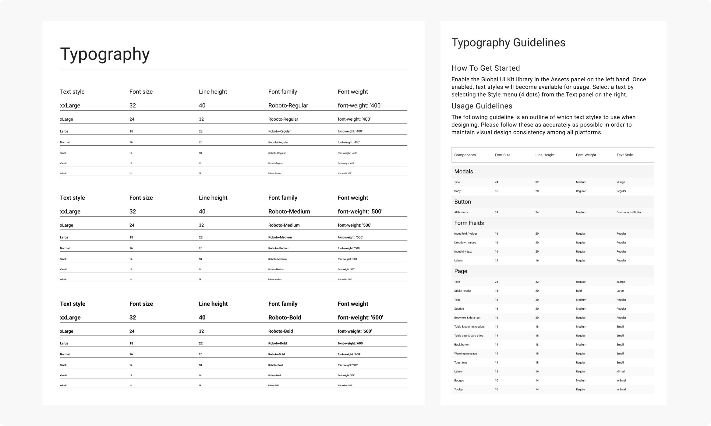 Documentation of typography styles and guidelines.