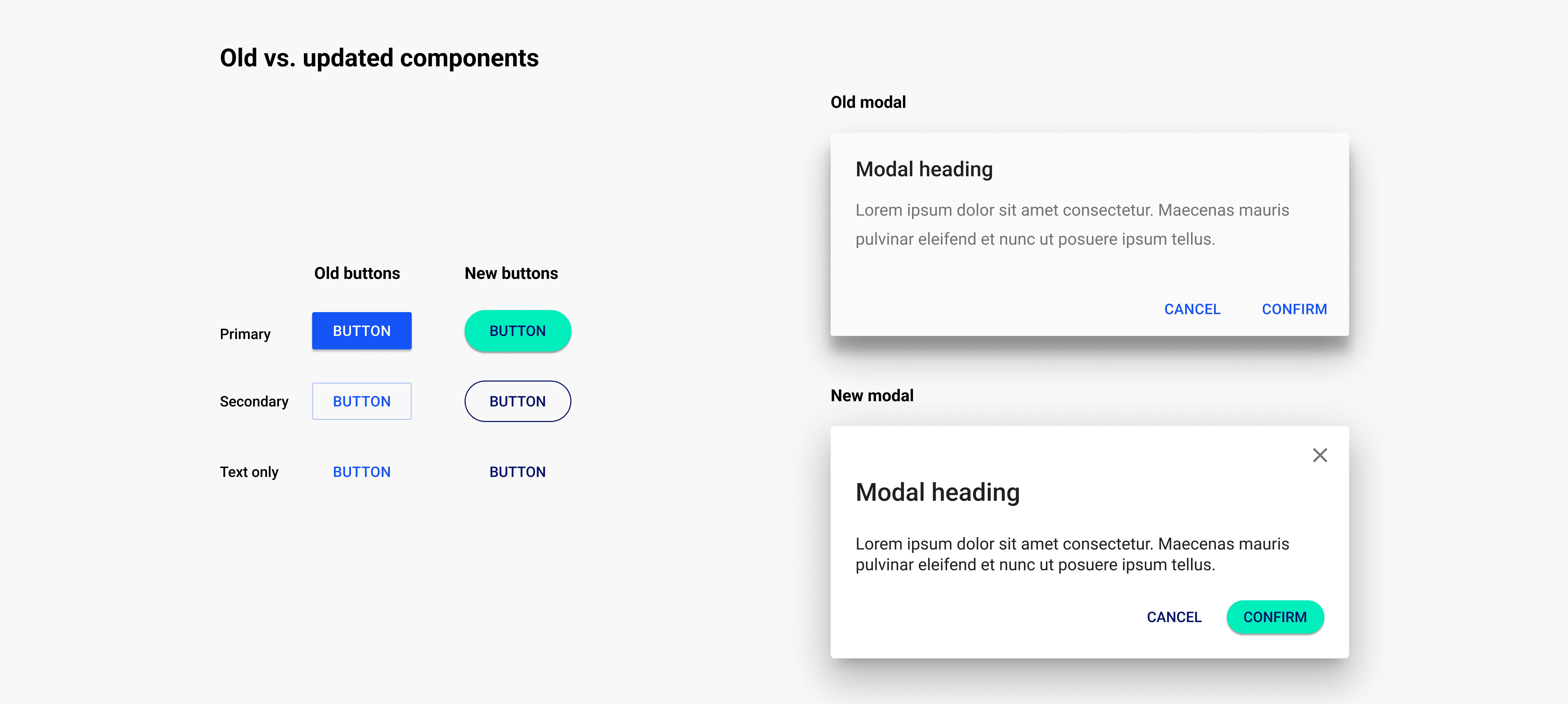 Title: Old vs. updated components. Side by side comparison of components (buttons and modals) with existing and new design systems applied.